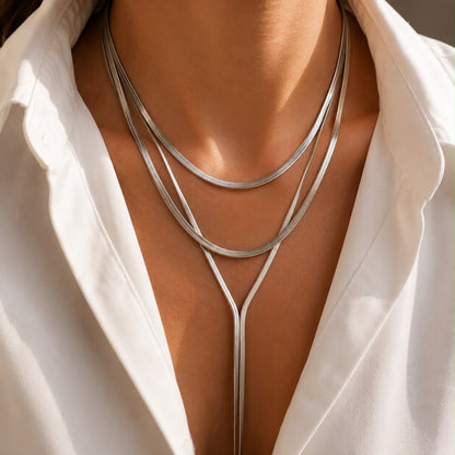 Double Layer Herringbone Y Necklace Silver