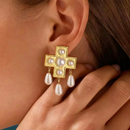 Royal Pearl Cross Earrings