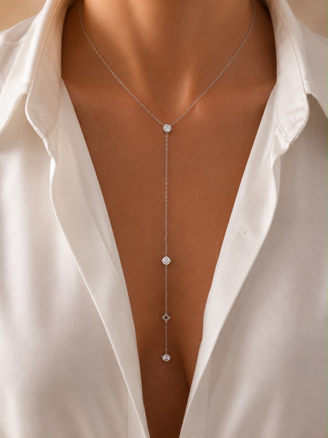 Dainty Zircon Y Shaped Necklace Silver